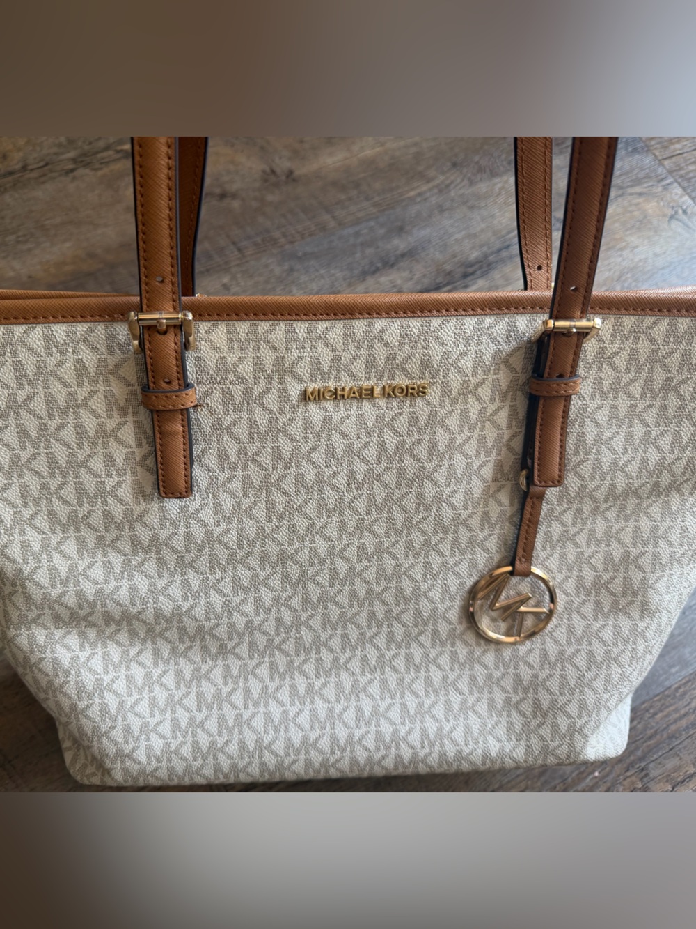 Michael Kors Cream and Brown Logo Tote with Gold Hardware